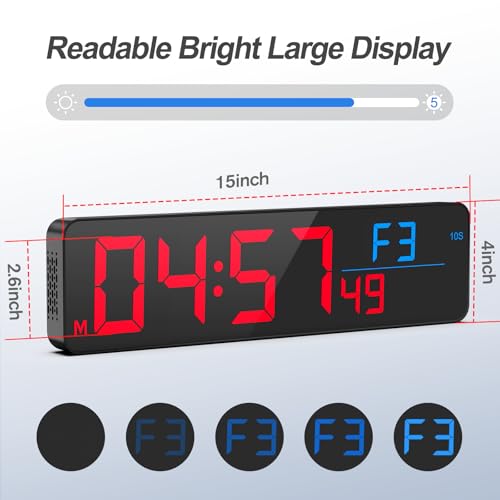 Large 15" Gym Timer LED Wall Clock with Blue & Red Variations, Digital Stopwatch & Interval Training
