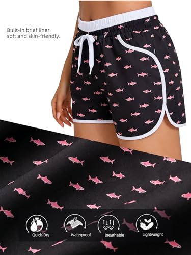 Pink Shark Large Women Board Shorts with Liner Swim Trunks - Bathing Suit Bottoms
