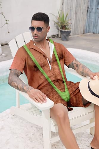 Mens Romper Zipper Shorts Sleeve One Piece Outfit Large - Hariy Chest B02