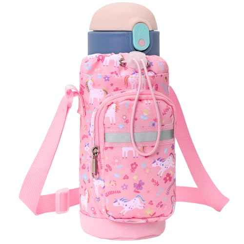Water Bottle Carrier for Kids - Water Bottle Holder Sling Bag with Adjustable Strap, Girls Water Bottle Bag for 10/12/14/16/18Oz Water Bottles Walking Hiking Trip Camping, Pink Unicorn