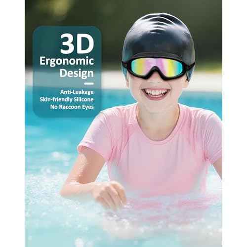 Kids Swim Goggles, Anti-fog, UV Protection and Wide View Swimming Goggles & Swim Cap for Age 3-15 Boys Girls Toddler