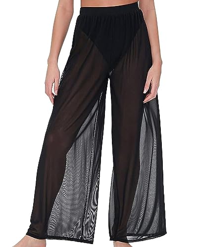Women's Sheer Mesh Beach Cover Up Pants - Black, Medium