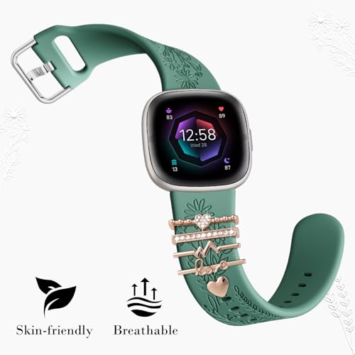 Green Sport Silicone Fitbit Versa 3/4 & Sense Charms Band with Cute Rings - Women