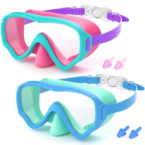 Kids Swimming Goggles with Nose Cover - Blue & Green + Red & Green, Clear Lens
