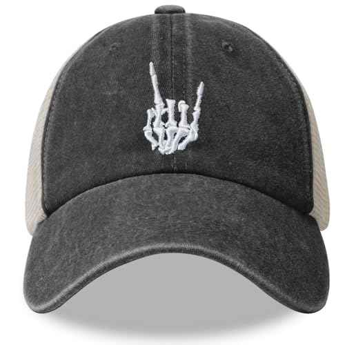 Skeleton Hand Trucker Hat, Adjustable Embroidered Skull Finger Mesh Snapback Baseball Cap