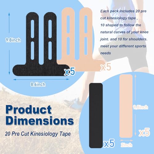 Black & Beige Kinesiology Tape for Knee Support and Stability - 20 Precut Strips