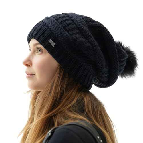 TOP-EX PolarWool¢â 100% Merino Wool Winter Slouchy Beanie for Women with Faux Fur Pom - Satin or Fleece Lined for Cold Weather