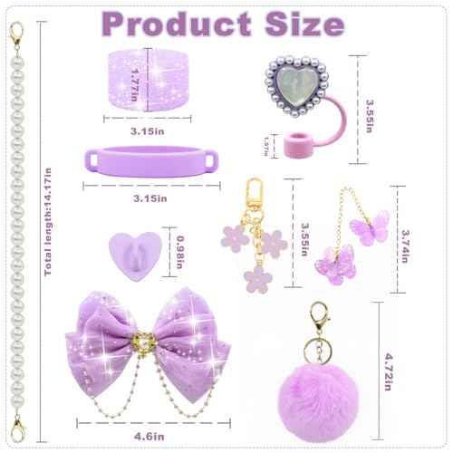 LBU Bling Stanley Cup Accessories for 40/30/20 oz Tumbler with Handle Including Glitter Bow Straw Topper, Heart Straw Cover, Pearl Water Bottle Handle Strap, Boot, Pom-Pom, Keychain Charms(Purple)