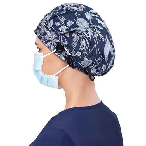 Satin Lined Bouffant Scrub Nurse Cap with 4 Buttons and Sweatband Adjustable