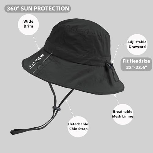 Black Waterproof Bucket Hat for Women UV Sun Protection Wide Brim Packable