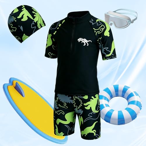 Boys Swim Set with Rashguard Trunks & Cap - UPF50+ Quick Dry 7-8 Years Black