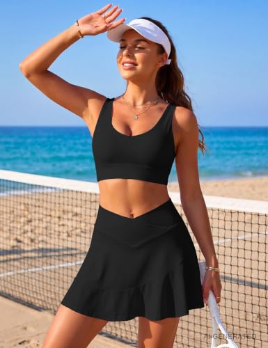 Blooming Jelly Women's High Waist Tummy Control Swim Skirt with Built-in Briefs - Large Black