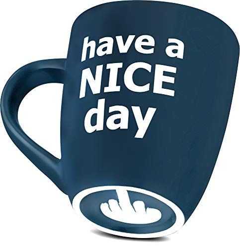 Blue Funny Coffee Mug - Have a Nice Day Gag Gift with Middle Finger - 14 oz