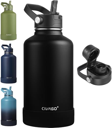 Black 64 oz Insulated Stainless Steel Water Bottle with Straw and Wide Mouth