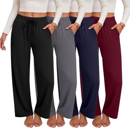 GAYHAY 4 Pack Women's Wide Leg Lounge Sweatpants with Pockets - Large Dark Grey, Black, Navy Blue, Wine