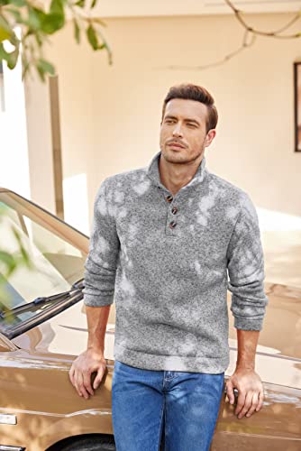 Men's Casual Fleece Sweater with Quarter Button - Large Grey Knit Thermal Pullover