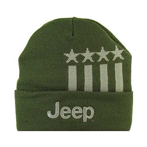 Jeep Stars and Stripes Flip Knitted Beanie Hats for Men or Beanie Women Military Green