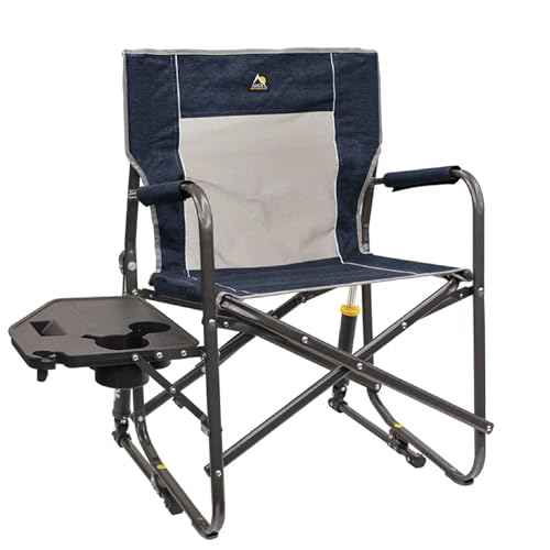 GCI OUTDOOR Freestyle Rocker with Side Table Camping Chair | Portable Folding Rocking Chair with Solid, Durable Armrests, Drink Holder & Comfortable Backrest ? Heathered Indigo