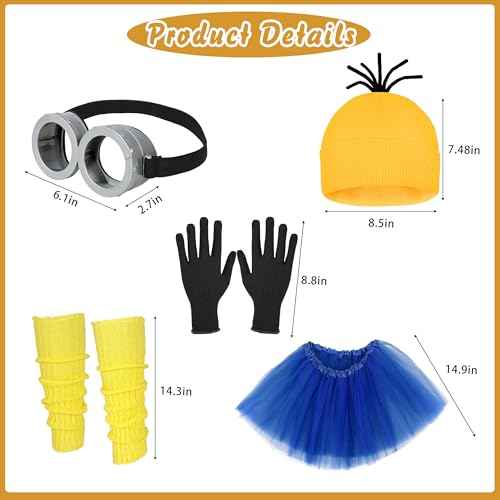 6 Pcs Women's Halloween Costume Accessories Set, Goggles/Yellow Beanie/Blue Dress/Blue Suspenders/Gloves/Yellow Stockings