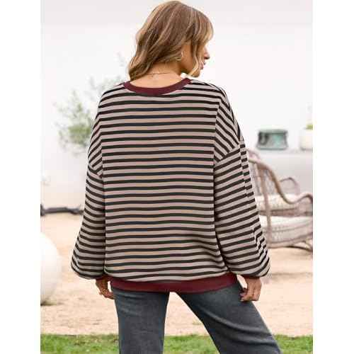 UEU Women Oversized Striped Crewneck Sweatshirt Long Sleeve Color Block Pullover Tops Casual Loose Workout Shirt
