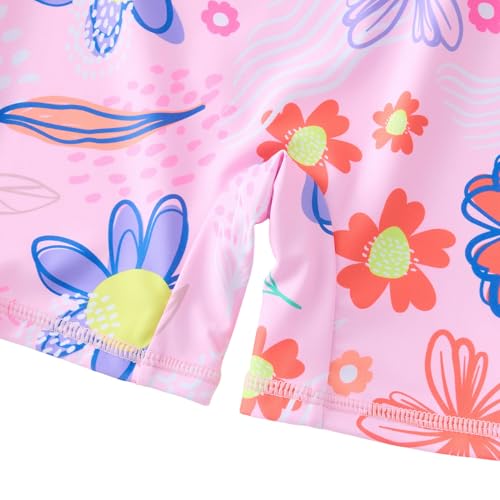 Girls Long Sleeve Rash Guard One‑Piece Bathing Suit - Pink Sunflower, 6 Years