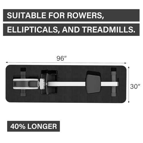 96 x 30 Inch Exercise Equipment Floor Mat for Rowing Treadmill & Bike - Durable Rubber, Vibration Absorbing, with Storage Bag and Towel