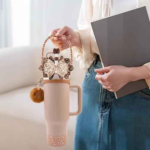 Bling Stanley Cup Accessories for 40oz & 30oz Tumbler including Silicone Cute Bow Straw Topper Cover, Silicone Stanley Cup Boot,Leather Water Bottle Handle Strap, Charms(Brown)