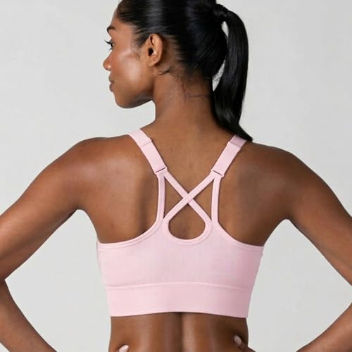 Women’s Seamless Strappy Sports Bra 3 Pack - Wirefree Athletic Bralette, Medium, White/Black/Pink