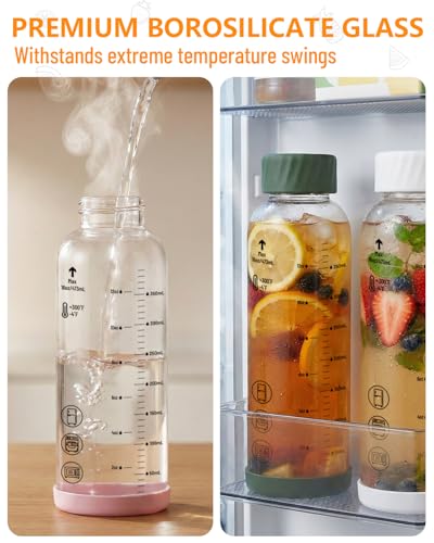 Multi-Color Glass Water Bottles with Stainless Steel Lid 12oz Leakproof 6 Pack