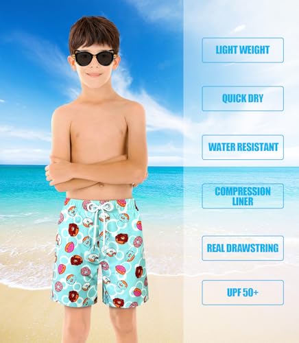 Boys Swim Trunks with Soft Compression Liner No-Chafing Quick Dry UPF 50+ - Donuts 10-12
