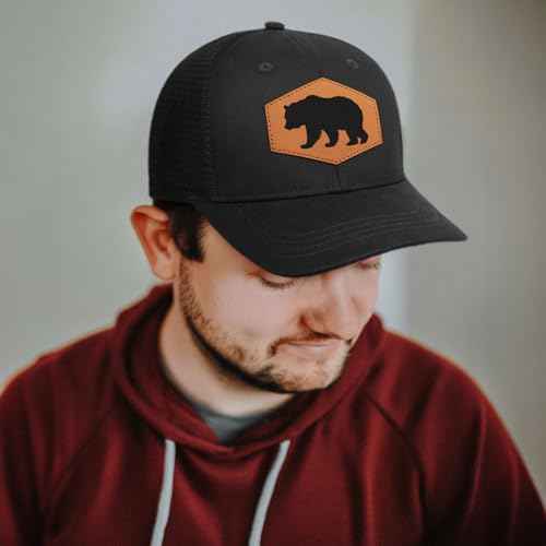 Bear Baseball Cap for Bear Lovers,Leather Trucker Hat Snapback Hat for Men Women Brown