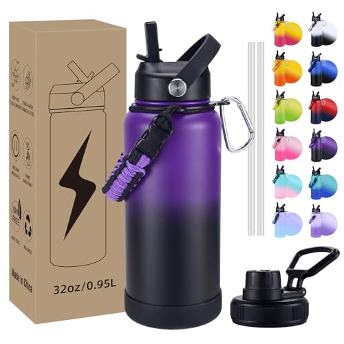 Purple Black Insulated 32 oz Stainless Steel Water Bottle with Leak Proof Lids & Paracord Handle