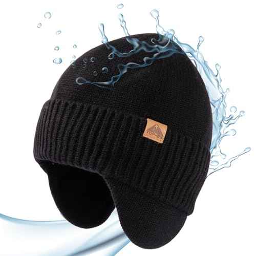 TOP-EX DryKnit¢â Unisex 80% Merino Wool Waterproof Beanie with Ear Flap Warm Winter Fleece Lined Beanie Hat M/L/XL