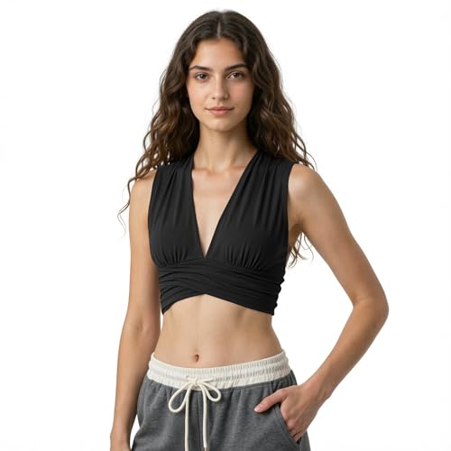 Women's Deep V Neck Crop Top - Black, Adjustable Tie Backless Halter, Breathable Cotton Summer Festival Top