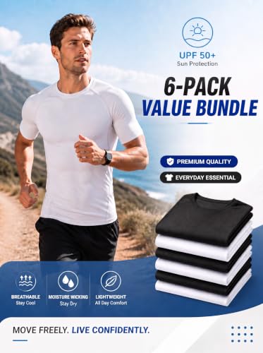 Men's Compression Short Sleeve Workout T-Shirts Baselayer 6 Pack - Black and White, Small
