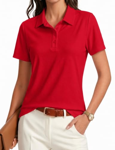 PINSPARK Women's Golf Polo Shirt Large Red UPF 50+ Quick Dry Collared Shirt