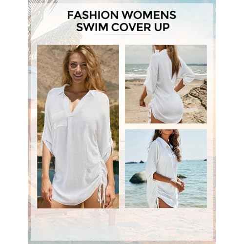 Swimsuit Coverup for Women, Drawstring Beach Bathing Suit Bikini Cover Up for Women, Sexy V Neck Beachwear Dress