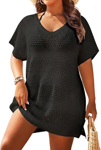 Plus Size Swimsuit Cover Up Crochet Bathing Suit Short Sleeve Beach Dress - 18 Plus, Black