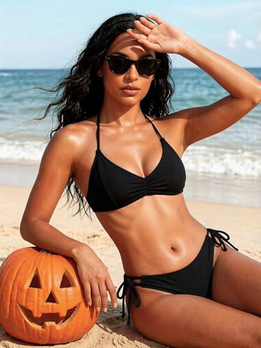 Women's String Tie Side Low Rise Bikini Bottoms - Medium Black