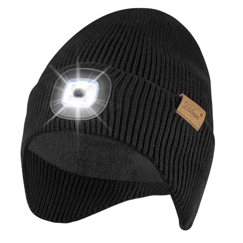 Etsfmoa Hat with Light for Men and Women,Fleece Lined Beanie with Earflaps,Type c Rechargeable LED Caps