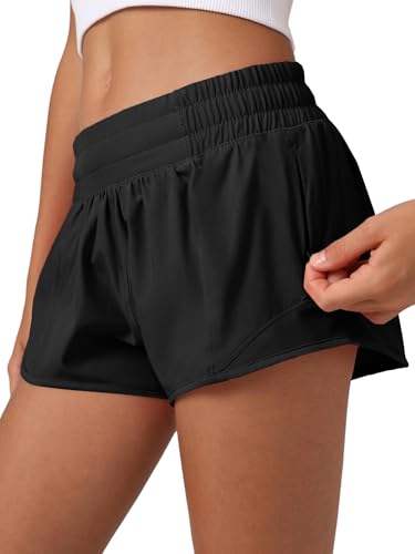 Girls Athletic Shorts with Liner - Large Black Quick-Dry Workout Sports Running Shorts with Zip Pocket