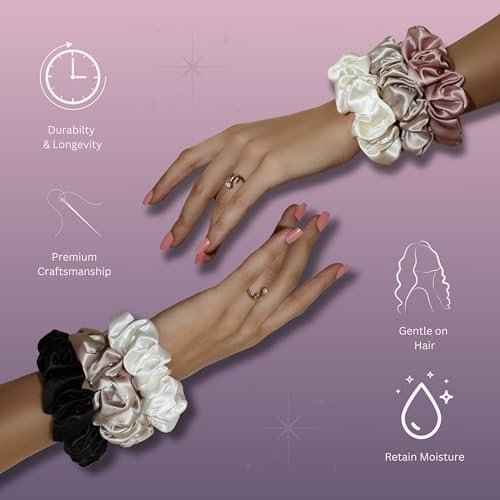 100% Pure 22 Momme Mulberry Silk Scrunchies -Frizz&Breakage Prevention-Hair Care Ponytail Holders for Women- Silk Hair Ties (Black, White, Caramel)