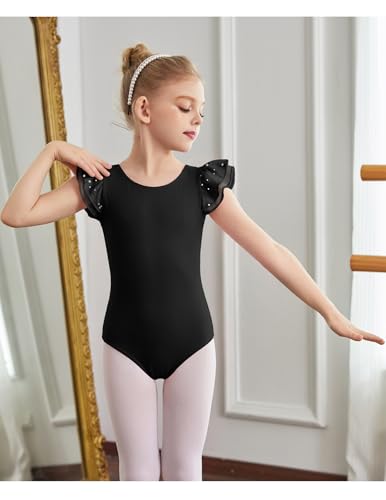 Girls Ballet Leotard with Bow Back and Chiffon Ruffle Sleeves - Black, 8-9 Years