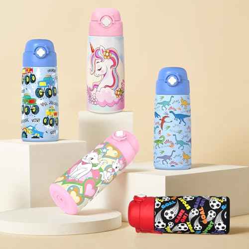 Kids Insulated Water Bottle with Pop-Up Straw 16oz Dinosaur Design - Blue