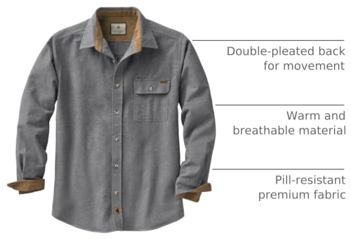 Men's Flannel Shirt Long Sleeve Button Down 100% Cotton Large Charcoal Heather