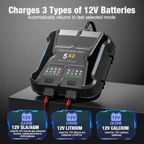 2 Bank Marine Battery Charger 5X2, 10A (5A/Bank) - 12V Waterproof Onboard Battery Charger, Battery Maintainer & Desulfator for SLA/AGM, Lithium (LiFePO4), Calcium & Deep-Cycle Battery- Charged 24/7