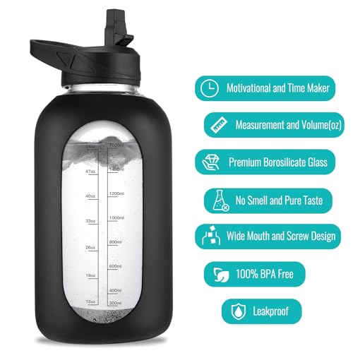 Black 64 oz Glass Water Bottle with Straw - Half Gallon Hydration Jug