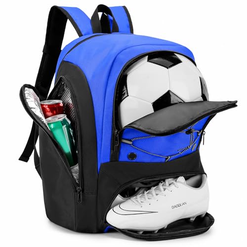 Soccer Backpack with Ball Holder, Shoe Compartment & Insulation - Water-Resistant Blue