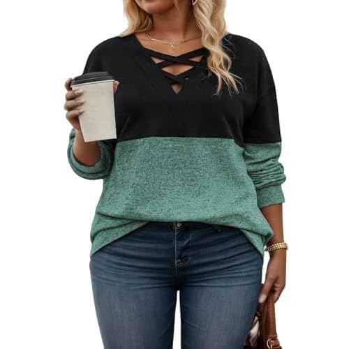 ROSRISS Womens Plus-Size Sweatshirts Casual Color Block Long Sleeve Tops Oversized Trendy Criss Cross V Neck Shirts XL-5XL