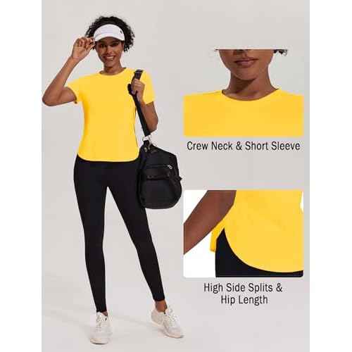 PINSPARK Workout Tops for Women UPF 50+ Yoga Shirts Short Sleeve Athletic Tops with Side Slits Running Gym Tee Top Loose Fit